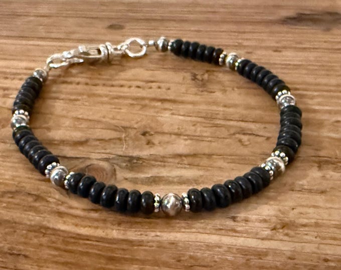 Black Onyx & Sterling Silver Navajo Pearl Bracelet, Southwestern Jewelry
