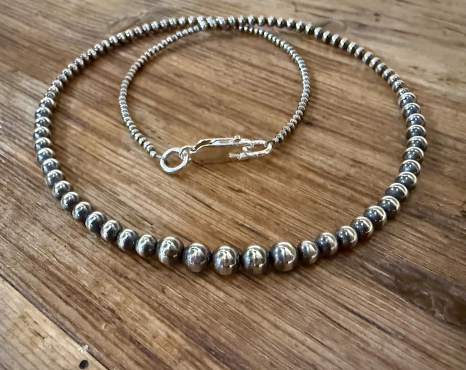 Graduated Sterling Silver Navajo Pearl Necklace. Beaded Southwestern Style Necklace.