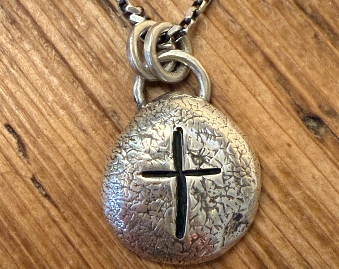 Hand Stamped Sterling  Cross Pendant. Oxidized Silver Cross Medallion