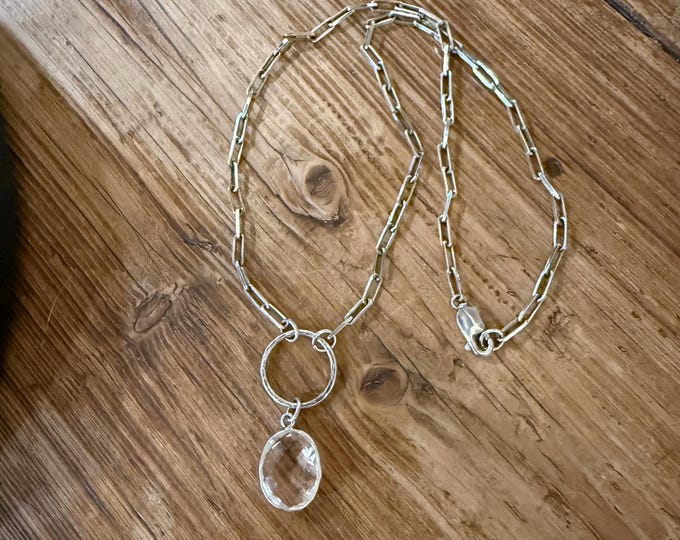 Sterling Silver Paperclip Chain Necklace With Hammered Ring and Bezel Crystal Quartz Pendant.