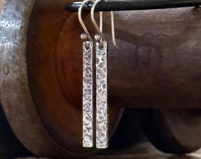 Hammered Sterling Silver Bar Earrings: Oxidized Dangle Earrings
