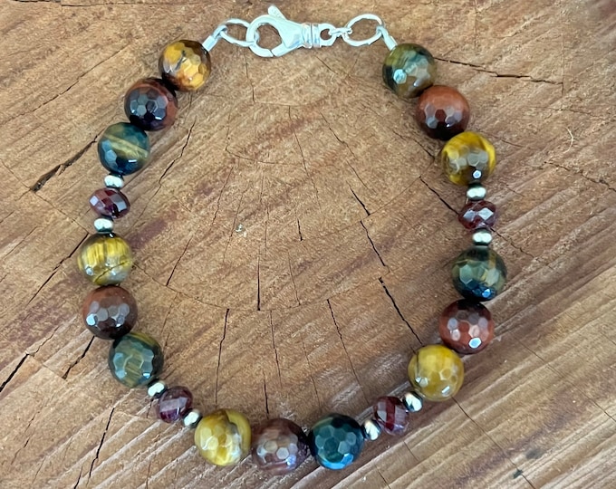 Multicolor Tiger Eye Garnet Bracelet With Sterling Silver Navajo Pearls