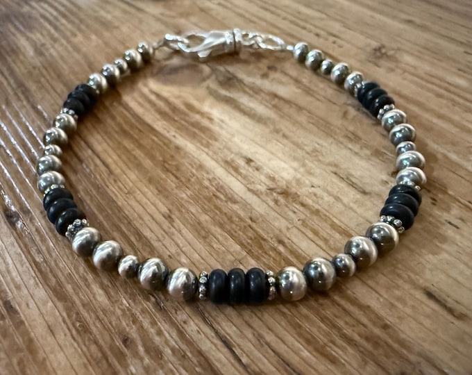 Sterling Silver Navajo Pearl Black Onyx Bracelet, Southwestern Jewelry