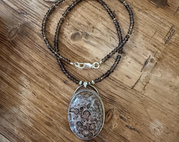 Leopard Jasper Statement Necklace, Smoky Quartz, Sterling Silver, Navajo Pearl