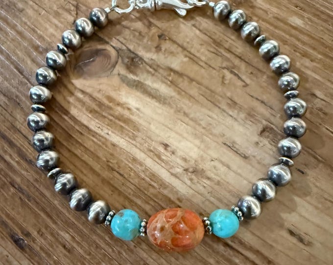 Sterling Silver Navajo Pearl Bracelet With Kingman Turquoise & Apple Coral,