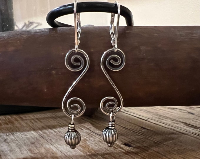 Sterling Silver Scroll Earrings, Navajo Pearl Dangles, Southwestern Jewelry
