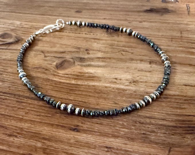 Hematite Sterling Silver Navajo Pearl Anklet, Boho Beach Jewelry
