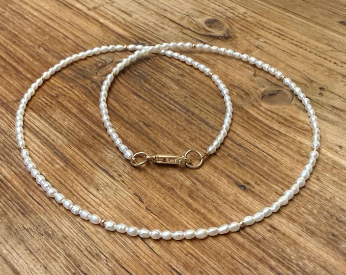 Gold Filled Freshwater Rice Seed Pearl Necklace. June Birthstone Necklace. Bridal Jewelry