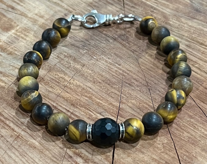 Men's Tiger Eye & Black Onyx Beaded Bracelet: Sterling Silver Mens Jewelry