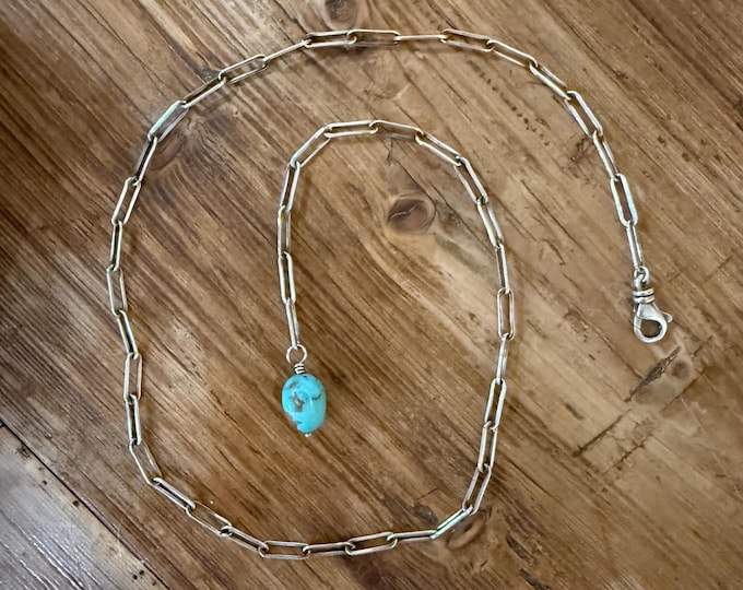Kingman Turquoise Sterling Silver Paperclip Chain Lariat Necklace