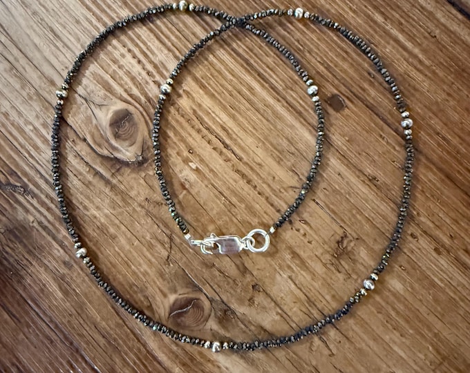 Hematite Navajo Pearl Necklace, Sterling Silver Layering Necklace