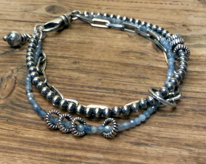 Sterling Silver Navajo Pearl, Paperclip Chain and Kyanite Multi Strand Bracelet.