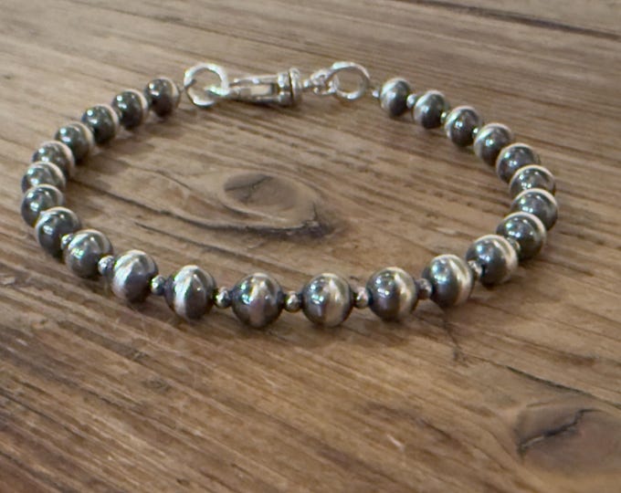 Sterling Silver Navajo Pearl Bracelet,Oxidized Silver Bead Southwestern Stack Bracelet