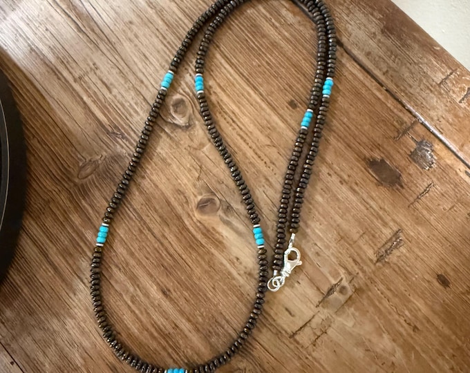 Bronzite & Genuine Turquoise Necklace, Long Beaded Gemstone Necklace