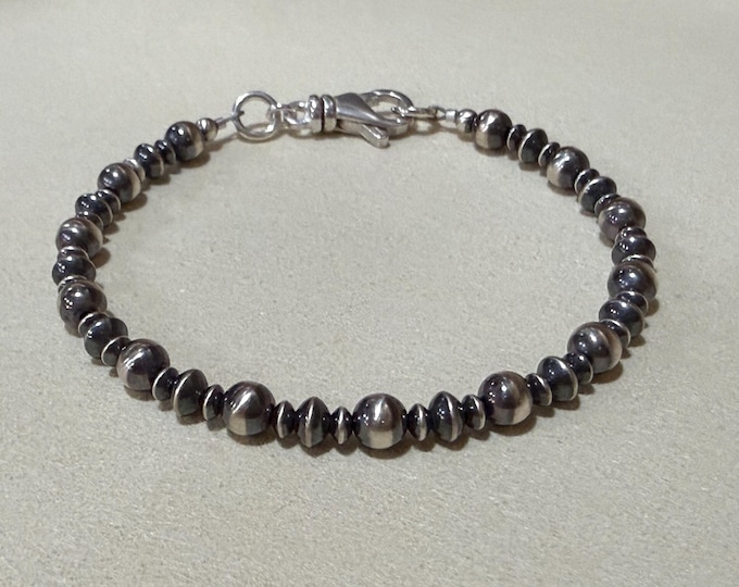 Sterling Silver Navajo Pearl Bracelet,Oxidized Silver Bead Southwestern Stack Bracelet