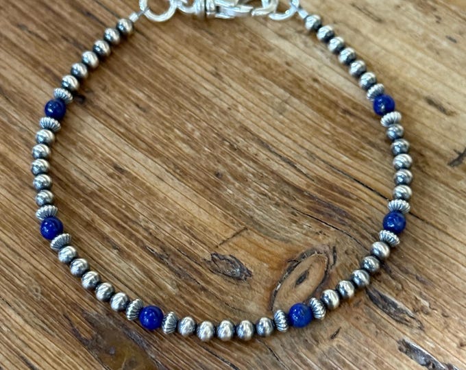 Navajo pearl lapis lazuli bracelet,Southwestern sterling silver beaded bracelet