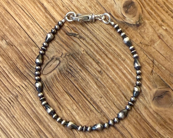 Sterling Silver Navajo Pearl Bracelet,Oxidized Silver Bead Southwestern Stack Bracelet