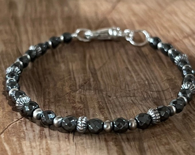 Hematite Sterling Silver Navajo Pearl Bracelet, Boho Western Jewelry