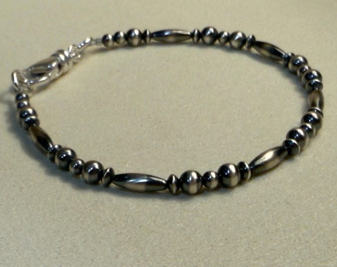 Sterling Silver Navajo Pearl Bracelet,Oxidized Silver Bead Southwestern Stack Bracelet