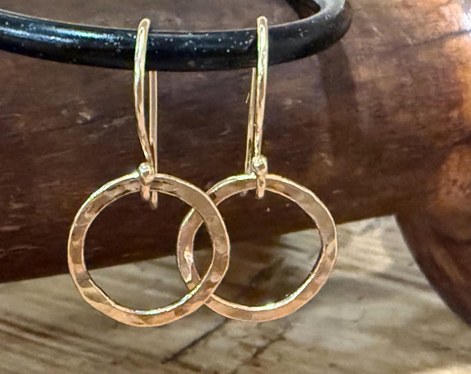 14K Gold Hammered Circle Dangle Earrings: Handcrafted Simple Gold Dangles