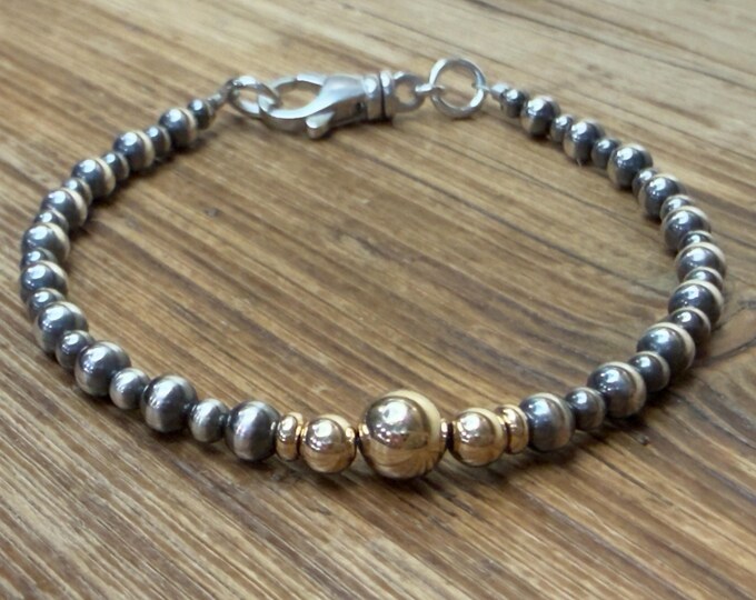Sterling Silver Navajo Pearl and 14K Yellow Gold Bead Bracelet, Silver and Gold Jewelry