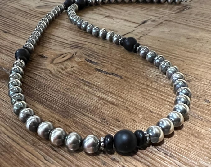 Navajo Pearl Black Onyx Necklace, Sterling Silver Southwestern Jewelry