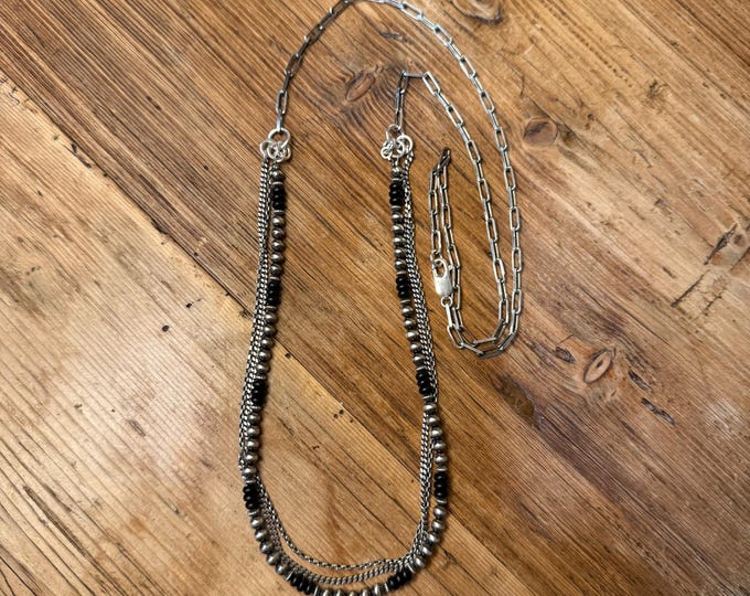 Sterling Silver Paperclip Chain, Navajo Pearl and Black Onyx Multi Strand Necklace,Southwestern Jewelry