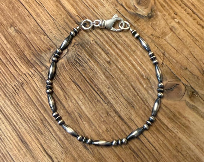 Sterling Silver Navajo Pearl Bracelet,Oxidized Silver Bead Southwestern Stack Bracelet
