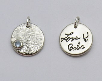 Fingerprint Jewelry, Handwriting Jewelry, Birthstone Jewelry, Silver Fingerprint Charm, Silver Handwriting Pendant, Memorial Sympathy Gift