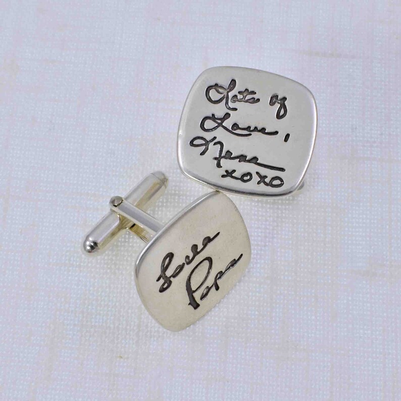 Silver Rounded Square Cufflinks Engraved With Your Actual Handwriting, Custom Personalized Wedding Accessory Gift for Groom image 3