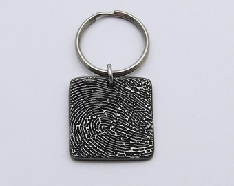 Fingerprint Jewelry, Fingerprint Keychain, Square Keychain, Metal Keychain, Memorial Keychain, Rustic Keychain, Handmade Keychain