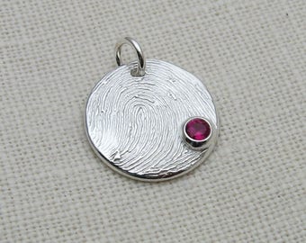 Fingerprint Circle Pendant with Birthstone: Sterling Silver Personalized Keepsake