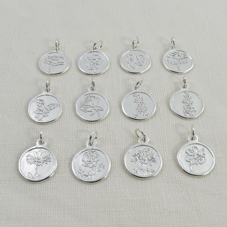 Sterling Silver Birth Month Flower Charms and Pendants, Personalized Bracelet and Necklace Charms for Fingerprint and Handwriting Jewelry image 4