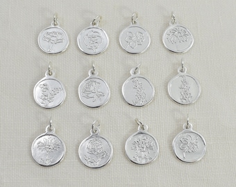 Sterling Silver Birth Month Flower Charms and Pendants, Personalized Bracelet and Necklace Charms for Fingerprint and Handwriting Jewelry