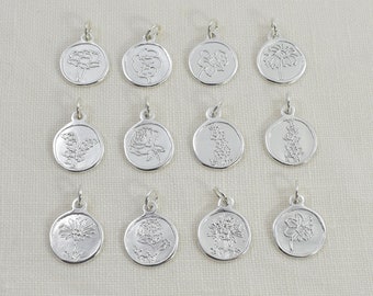Sterling Silver Birth Month Flower Charm: Personalized Necklace & Bracelet Pendant