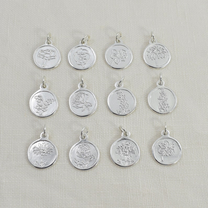 Sterling Silver Birth Month Flower Charms and Pendants, Personalized Bracelet and Necklace Charms for Fingerprint and Handwriting Jewelry image 1