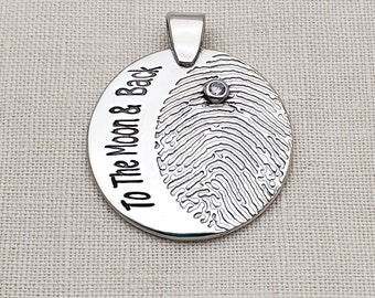 Pendentif en argent sterling sur la lune et le dos personnalisé avec votre empreinte digitale, votre écriture et votre pierre de naissance, cadeau personnalisé bijoux commémoratifs