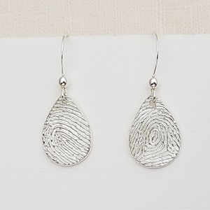 Fingerprint Teardrop Earrings, Thumb Print Jewelry, Custom Personalized Fine Silver Memorial Keepsake Gift for Mom