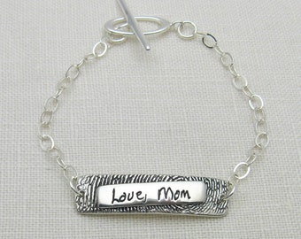 Personalized Sterling Silver Bar Bracelet Engraved with Handwriting and Fingerprint, Custom Keepsake Memorial Jewelry Gift