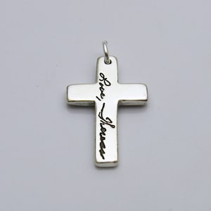Handwriting Cross Pendant, Sterling Silver Personalized Engraved Name Signature Crucifix Necklace, Memorial Keepsake Jewelry Gift for Men