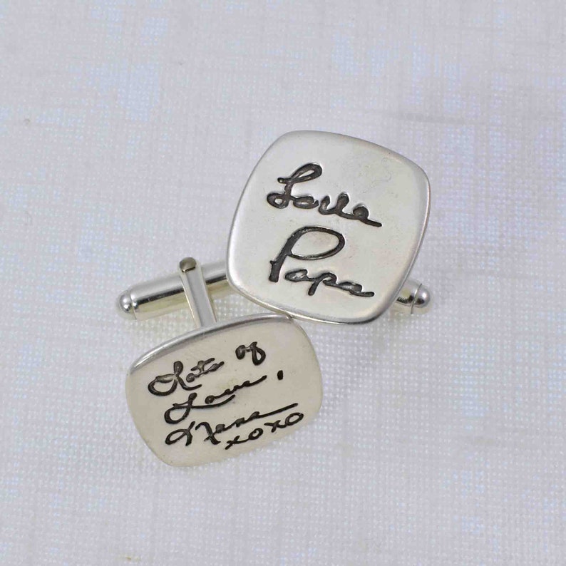 Silver Rounded Square Cufflinks Engraved With Your Actual Handwriting, Custom Personalized Wedding Accessory Gift for Groom image 1