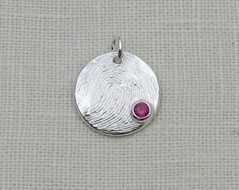 Fingerprint Circle Pendant with Birthstone: Sterling Silver Memorial Keepsake