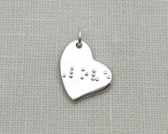 Custom Braille Jewelry, Silver Braille Charm, Asymmetrical Heart Charm, Personalized Braille Jewelry, Heart Braille Pendant, Braille Love