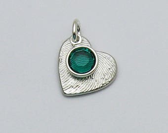 Sterling Silver Fingerprint Heart Pendant and Birthstone Charm: Personalized Keepsake