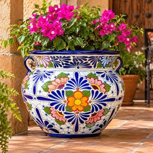 Large Talavera Pot Belly Planter, Hand Painted Mexican Ceramic Flowerpot, Colorful Outdoor Garden Pottery, Hacienda Patio Decor, 17" Pot