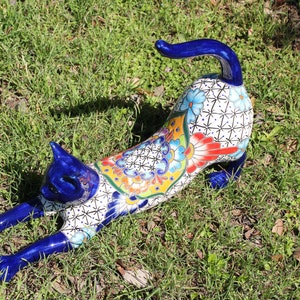 Talavera Large Ceramic Cat, Hand Made and Hand Painted Colorful Pottery, 17" L (Shipping Included) (Read Description)