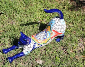 Talavera Large Ceramic Cat, Hand Made and Hand Painted Colorful Pottery, 17" L (Shipping Included) (Read Description)