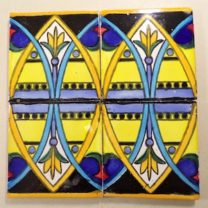 25-TOld4 4x4 Talavera Decorative Handmade Mexican Clay Tile in Blue/White/Yellow/Black Edge (Shipping Included) (Please Read Description)