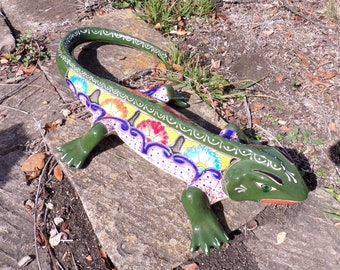 Talavera Large Ceramic Iguana, Decorative Green Hand Made & Hand Painted Pottery, 24x10.5 (Shipping Included) (Please Read Description)