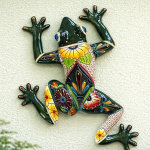 Large Talavera Frog, Hand Painted Green Ceramic Frog, Colorful Mexican Pottery, Decorative Frog Garden & Home Decor, Mexican Folk Art 21" L